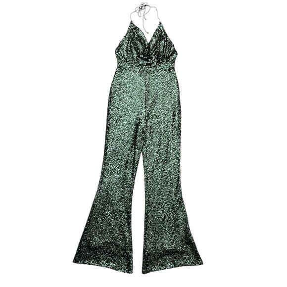 12th Tribe Sequin Flare Leg Jumpsuit Green Medium Disco Halter Open Back Party - Picture 1 of 11